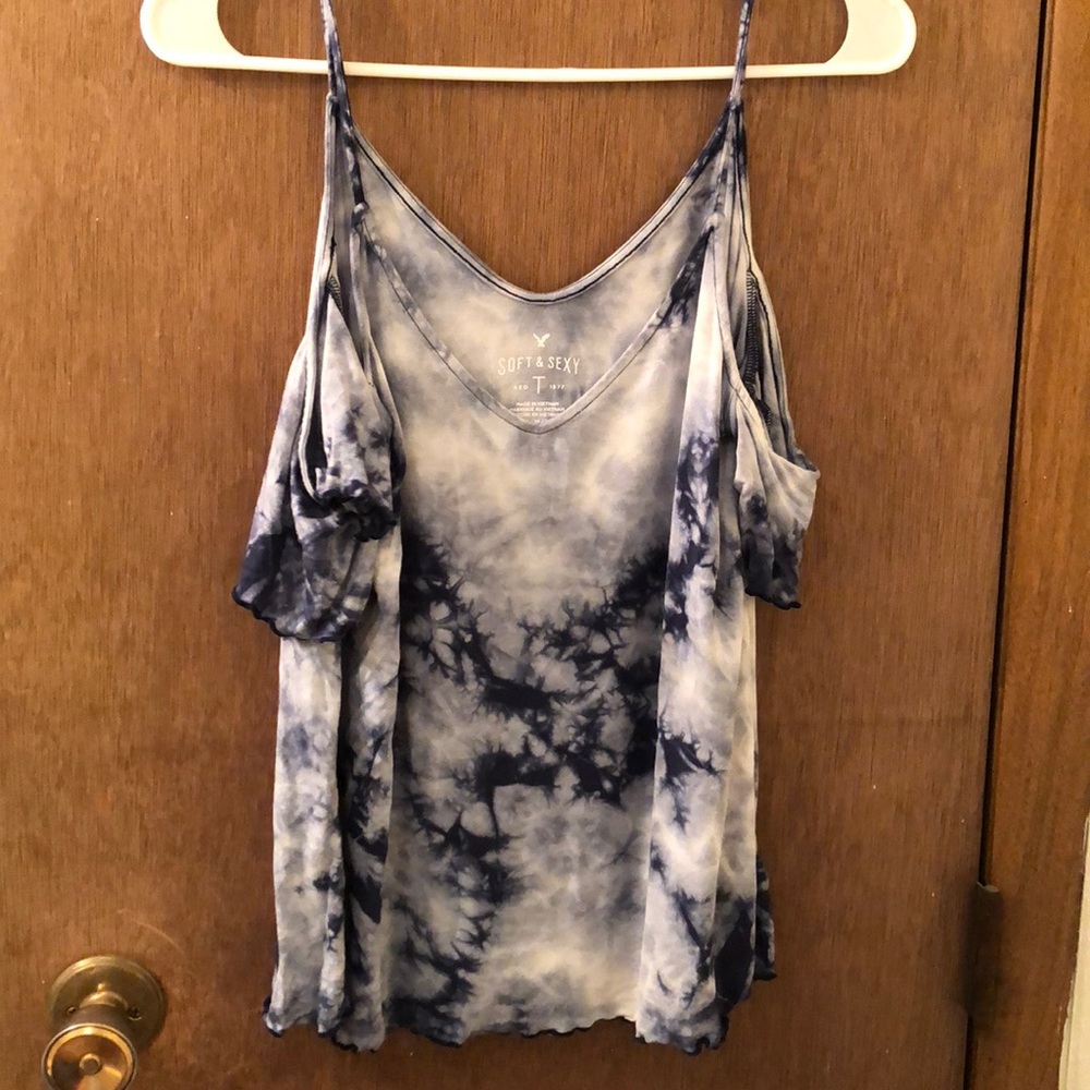 Deep blue the dye cut out shoulder tank top